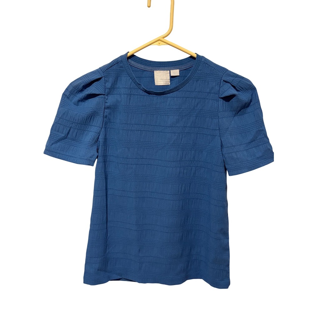 O&C Blue Textured Puff Sleeve Blouse Crew Neck Seersucker Style Top XS